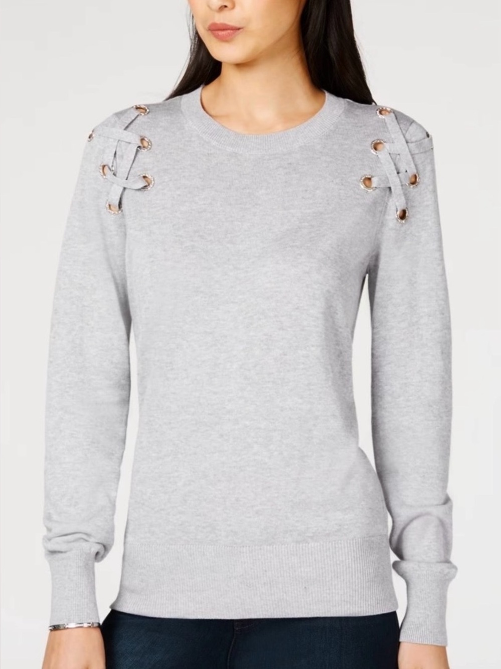 Michael Kors Grey Crew Neck Lace Up Shoulder Rhinestone Details Women’s Small